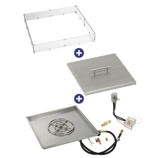 American Fire Products 36 inch square stainless steel drop-in fire pit pan with 18 inch ring burner AWEIS electronic ignition system whole house propane bundle with flame guard and burner cover