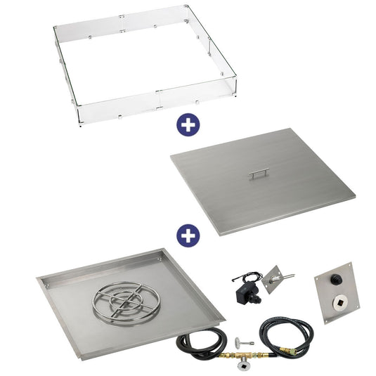 American Fire Products 36 inch square drop-in fire pit pan with 18 inch ring burner spark ignition kit natural gas bundle with flame guard and burner cover