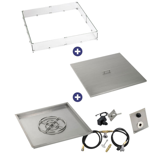 American Fire Products 36 inch square drop-in fire pit pan with 18 inch ring burner spark ignition kit propane bundle with flame guard and burner cover