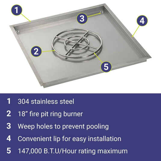 American Fire Products 36 inch stainless steel square drop-in fire pit pan with 18 inch fire ring burner featuring 304 stainless steel construction, built-in weep holes, convenient installation lip, and 147000 BTU maximum heat output