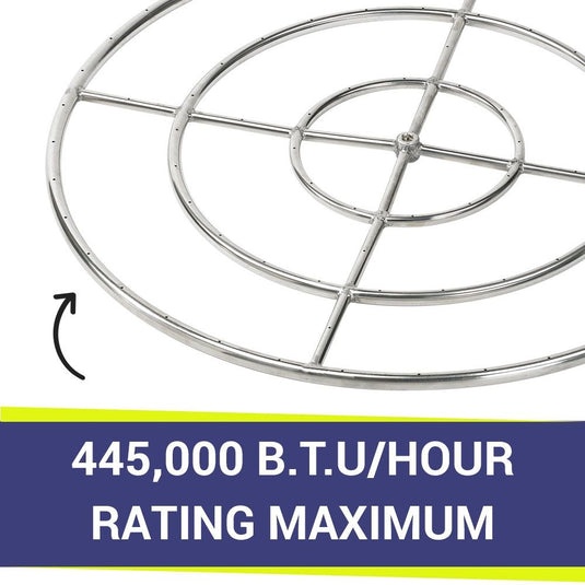 American Fire Products 36-inch Triple-Ring Stainless Steel Burner with up to 445,000 BTU/hour maximum heat output for powerful natural gas or propane outdoor fire pit performance