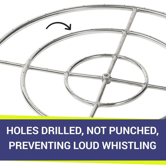 American Fire Products 36-inch Triple-Ring Stainless Steel Burner with drilled burner holes that prevent loud whistling for quiet, consistent flames.