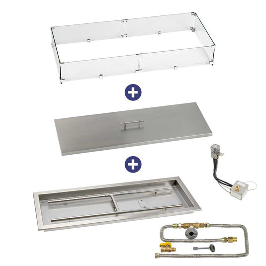 American Fire Products 36 inch x 12 inch Rectangular Stainless Steel Drop-In Fire Pit Pan with AWEIS System Natural Gas Bundle with flame guard and burner cover