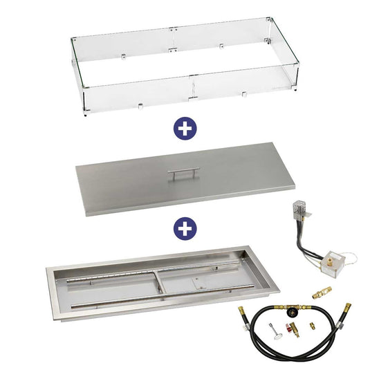 American Fire Products 36 inch x 12 inch Rectangular Stainless Steel Drop-In Fire Pit Pan with AWEIS System Whole House Propane Bundle with flame guard and burner cover