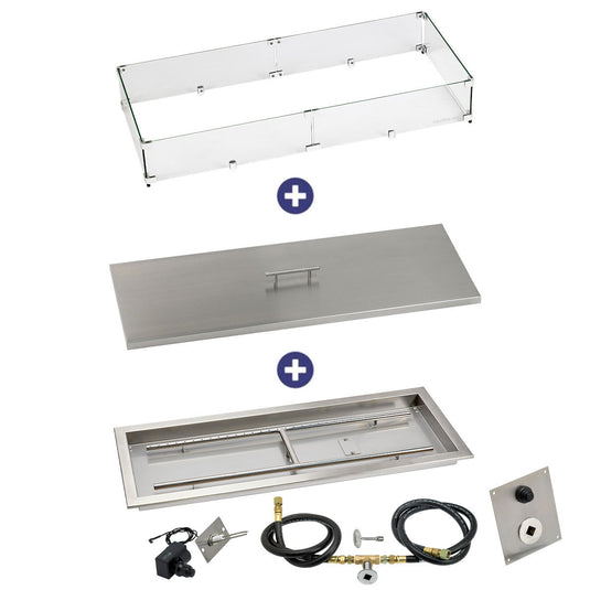 American Fire Products 36 inch x 12 inch rectangular stainless steel drop-in fire pit pan with spark ignition kit natural gas bundle with flame guard and burner cover