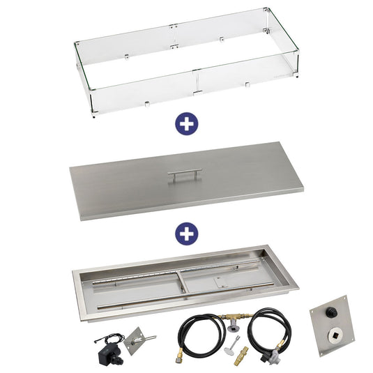 American Fire Products 36 inch x 12 inch rectangular stainless steel drop-in fire pit pan with spark ignition kit propane bundle with flame guard and burner cover