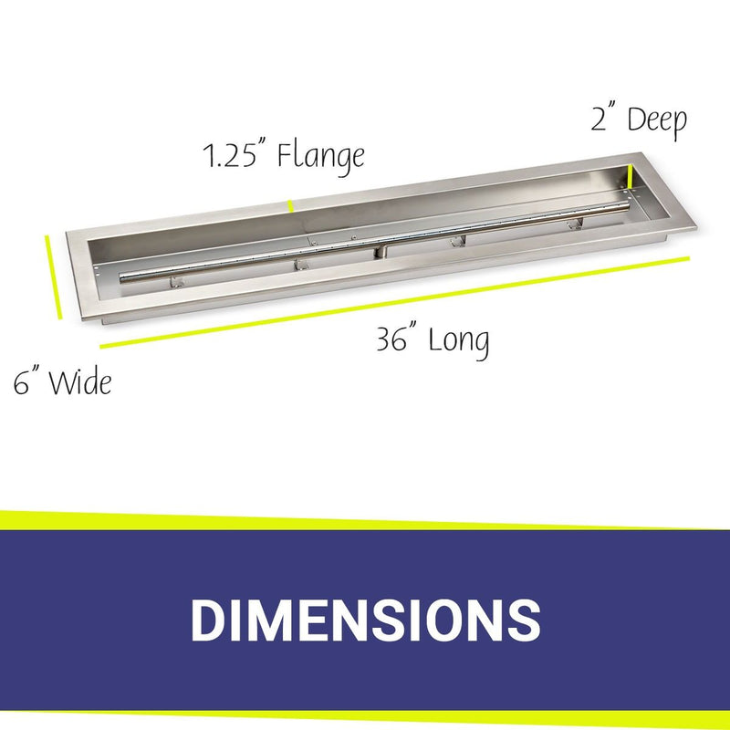 Load image into Gallery viewer, American Fire Products 36 x 6 stainless steel linear channel drop-in pan with built-in stainless steel T-burner dimensions
