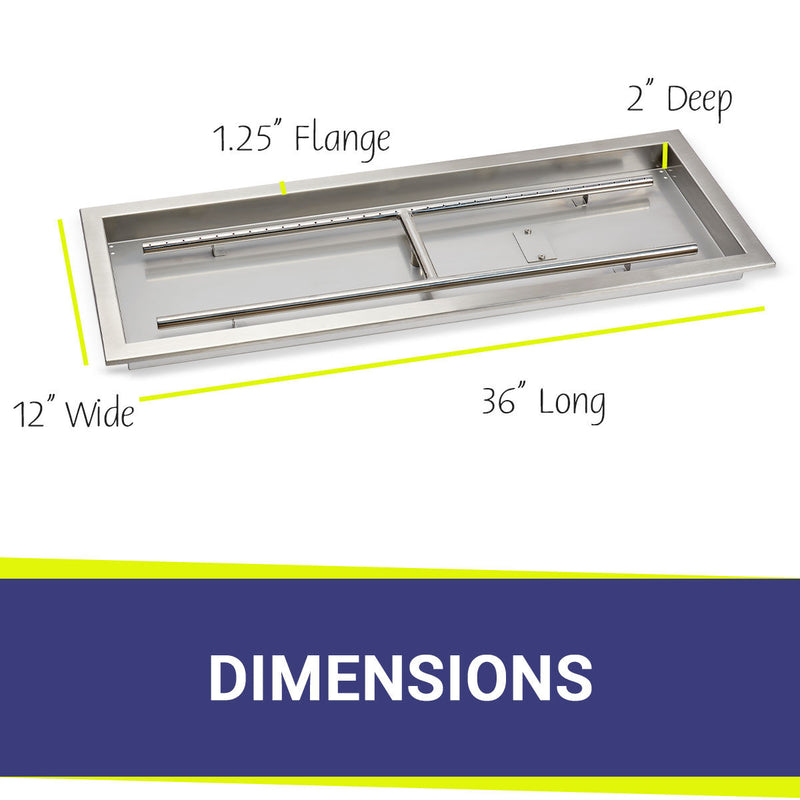 Load image into Gallery viewer, American Fire Products 36 x 12 stainless steel rectangular drop-in pan dimension with built-in stainless steel H-burner for outdoor fire pit systems
