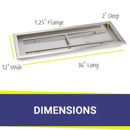American Fire Products 36 x 12 stainless steel rectangular drop-in pan dimension with built-in stainless steel H-burner for outdoor fire pit systems