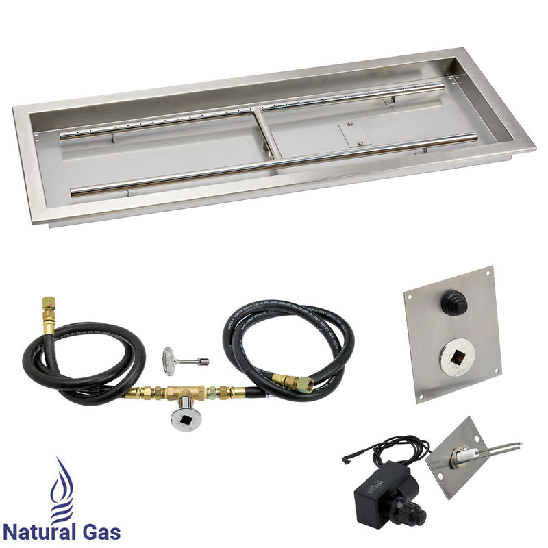 Load image into Gallery viewer, American Fire Products 36 x 12 inch rectangular stainless steel drop-in fire pit pan with spark ignition kit natural gas built-in H-burner and chrome key valve

