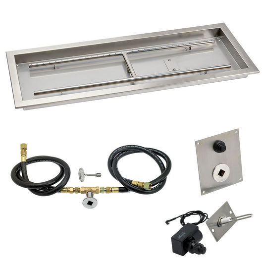 American Fire Products 36 x 12 inch rectangular stainless steel drop-in fire pit pan with spark ignition kit natural gas built-in H-burner and chrome key valve