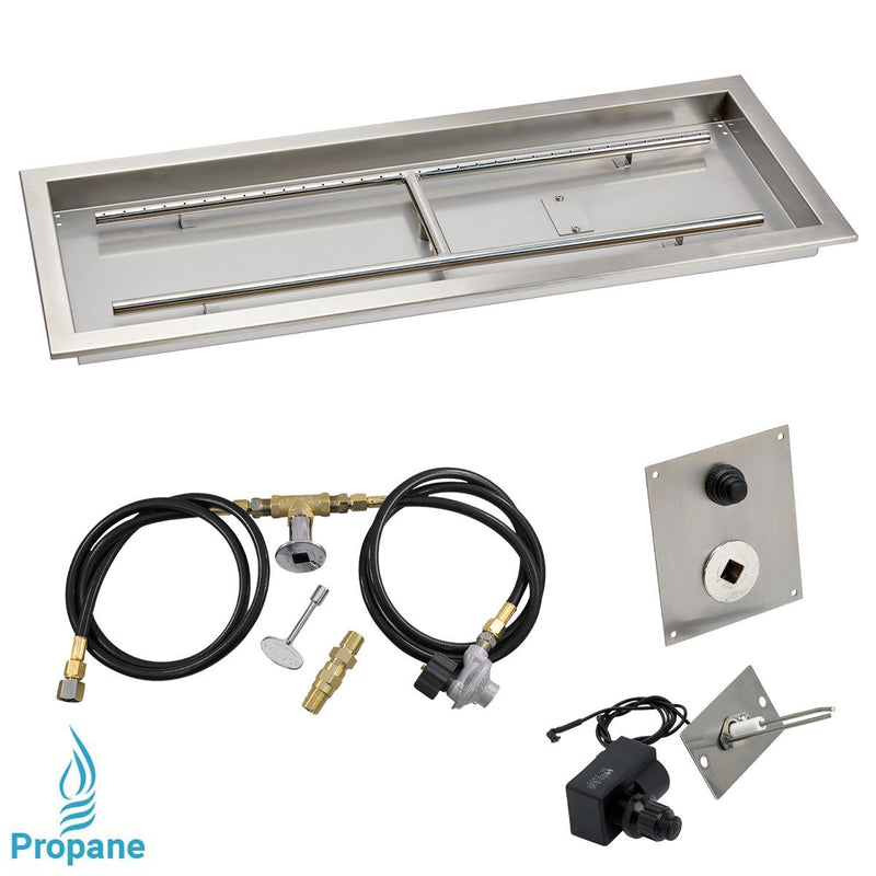 Load image into Gallery viewer, American Fire Products 36 x 12 inch rectangular stainless steel drop-in fire pit pan with spark ignition kit propane featuring built-in H-burner regulator air mixer and chrome key valve
