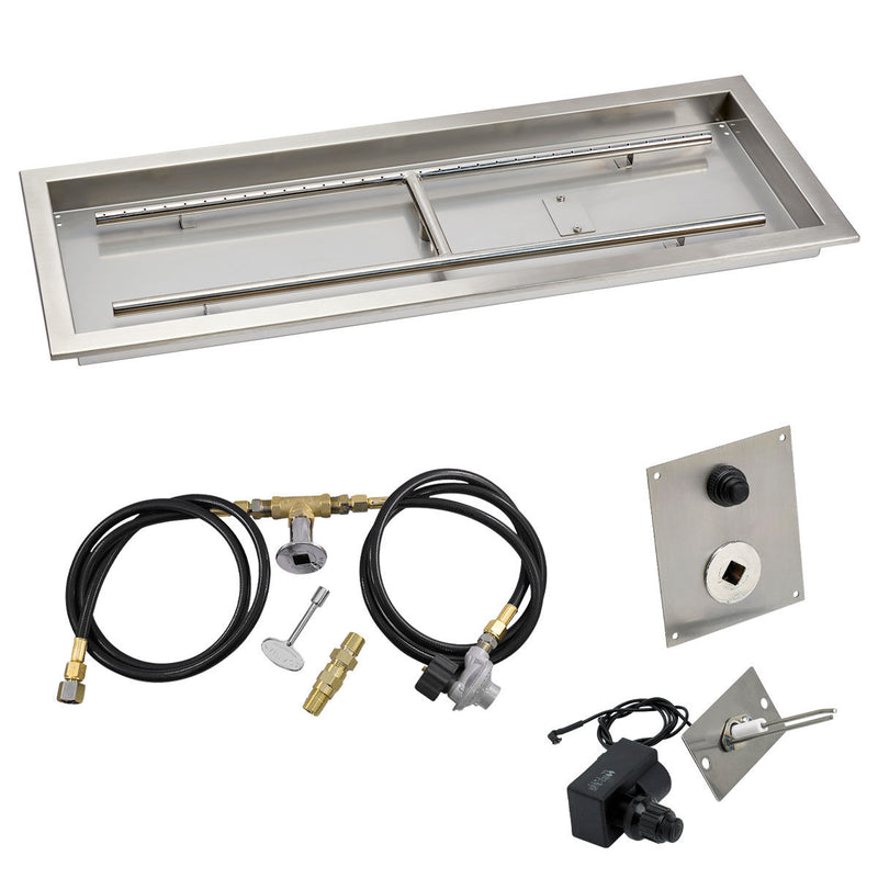 Load image into Gallery viewer, American Fire Products 36 x 12 inch rectangular stainless steel drop-in fire pit pan with spark ignition kit propane featuring built-in H-burner regulator air mixer and chrome key valve
