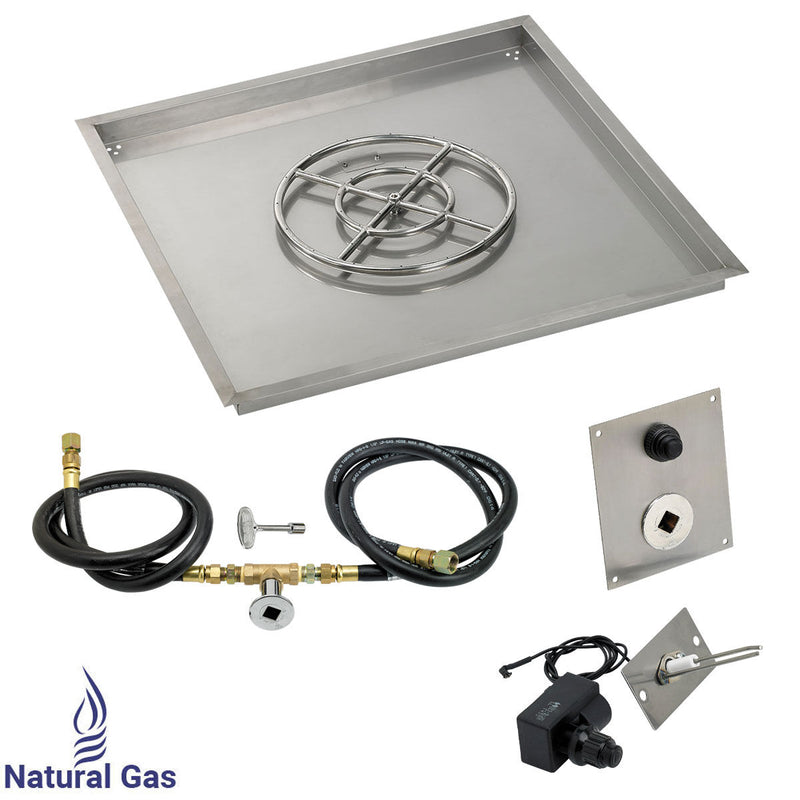 Load image into Gallery viewer, American Fire Products 36 inch square stainless steel drop-in fire pit pan with 18 inch natural gas fire pit ring burner and spark ignition kit
