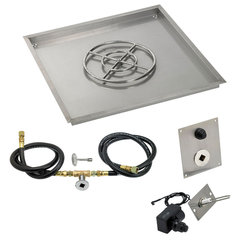 Load image into Gallery viewer, American Fire Products 36 inch square stainless steel drop-in fire pit pan with 18 inch natural gas fire pit ring burner and spark ignition kit
