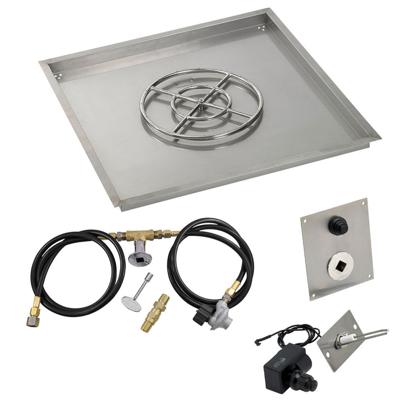 Load image into Gallery viewer, American Fire Products 36 inch square stainless steel drop-in fire pit pan with 18 inch propane fire pit ring burner and spark ignition kit
