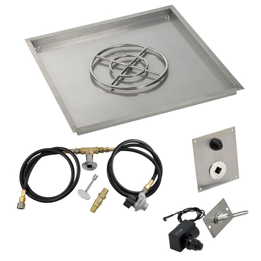 American Fire Products 36 inch square stainless steel drop-in fire pit pan with 18 inch propane fire pit ring burner and spark ignition kit