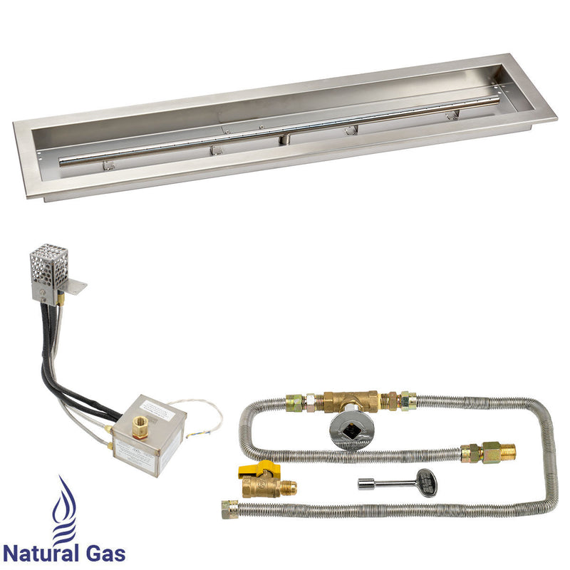 Load image into Gallery viewer, American Fire Products 36 x 6 stainless steel linear channel drop-in pan with AWEIS electronic ignition system, built-in T-burner, and natural gas configuration for outdoor fire pits
