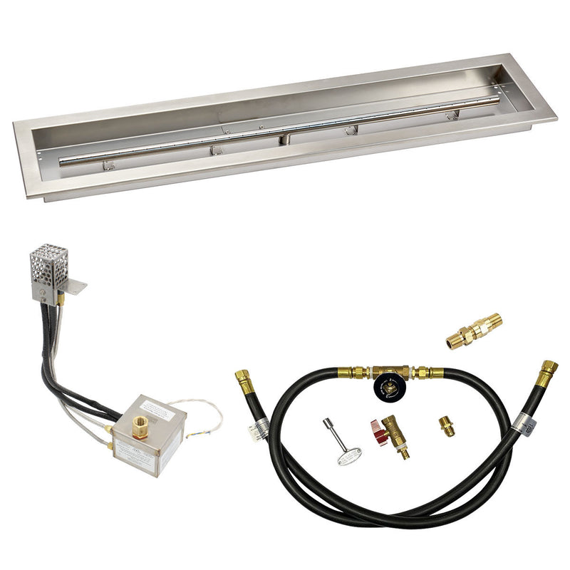 Load image into Gallery viewer, American Fire Products 36 x 6 stainless steel linear channel drop-in pan with AWEIS electronic ignition system, built-in T-burner, and whole house propane configuration for outdoor fire pits
