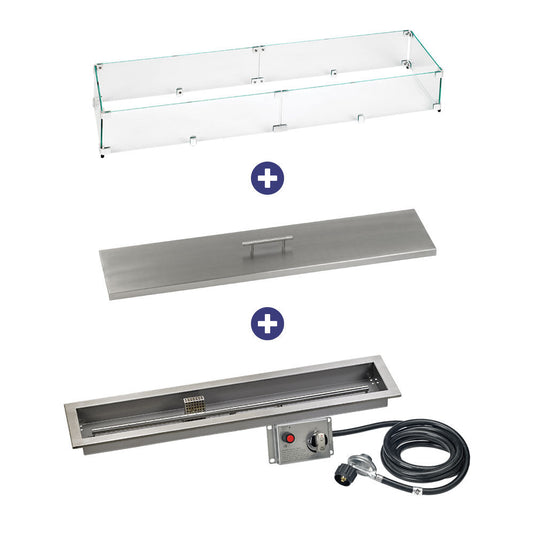 American Fire Products 36 inch by 6 inch linear stainless steel drop-in fire pit pan with electric ignition system CSA certified bundle installed outdoors