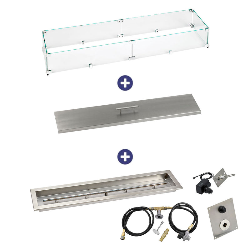 Load image into Gallery viewer, American Fire Products 36 inch by 6 inch linear drop-in fire pit pan with spark ignition kit propane bundle including flame guard and stainless steel burner cover
