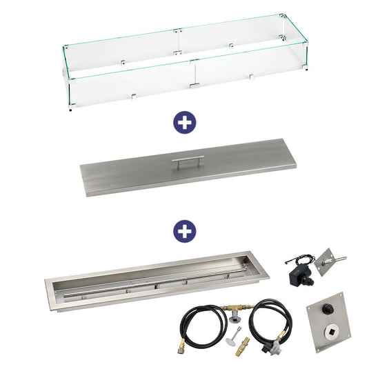 American Fire Products 36 inch by 6 inch linear drop-in fire pit pan with spark ignition kit propane bundle including flame guard and stainless steel burner cover
