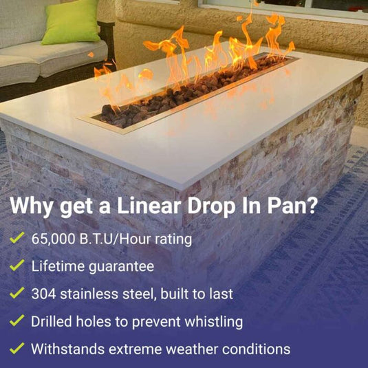 American Fire Products 36 x 6 inch stainless steel linear drop-in fire pit pan featuring 65,000 BTU maximum heat output, 304 stainless steel construction, drilled burner holes, lifetime guarantee, and weather-resistant performance.