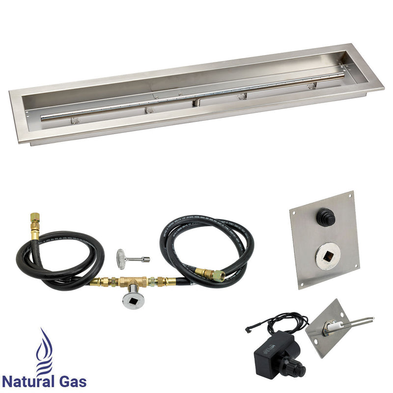 Load image into Gallery viewer, American Fire Products 36 x 6 inch linear stainless steel drop-in pan with spark ignition kit natural gas featuring built-in T-burner gas hoses chrome key valve and outdoor fire pit accessories
