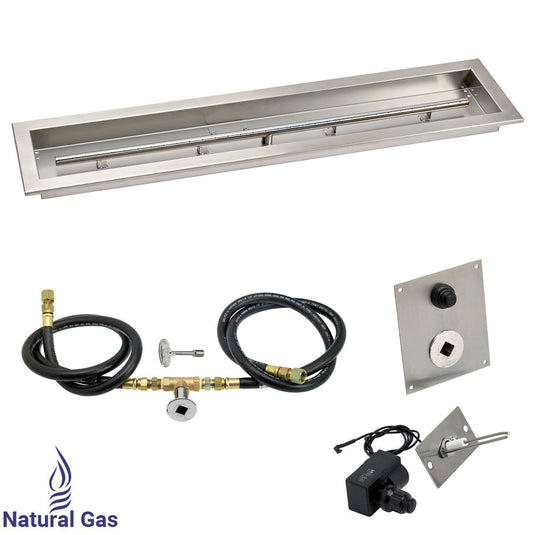 American Fire Products 36 x 6 inch linear stainless steel drop-in pan with spark ignition kit natural gas featuring built-in T-burner gas hoses chrome key valve and outdoor fire pit accessories