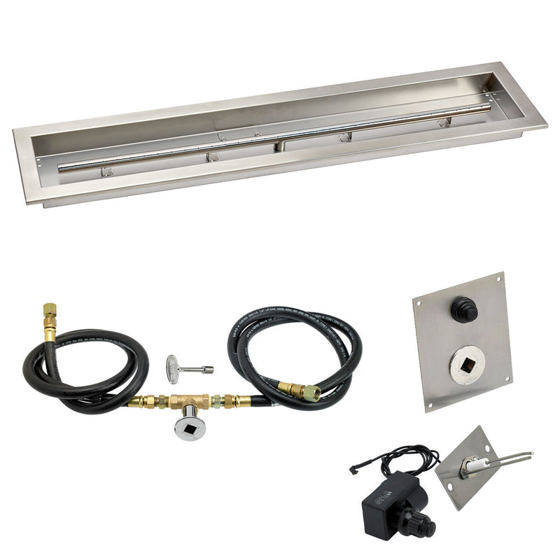 Load image into Gallery viewer, American Fire Products 36 x 6 inch linear stainless steel drop-in pan with spark ignition kit natural gas featuring built-in T-burner gas hoses chrome key valve and outdoor fire pit accessories
