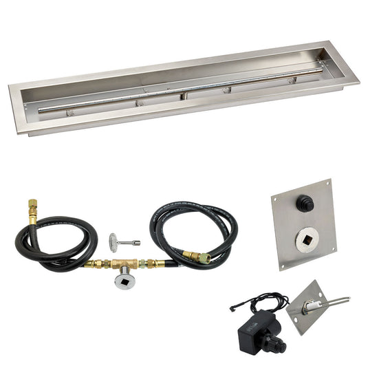 American Fire Products 36 x 6 inch linear stainless steel drop-in pan with spark ignition kit natural gas featuring built-in T-burner gas hoses chrome key valve and outdoor fire pit accessories