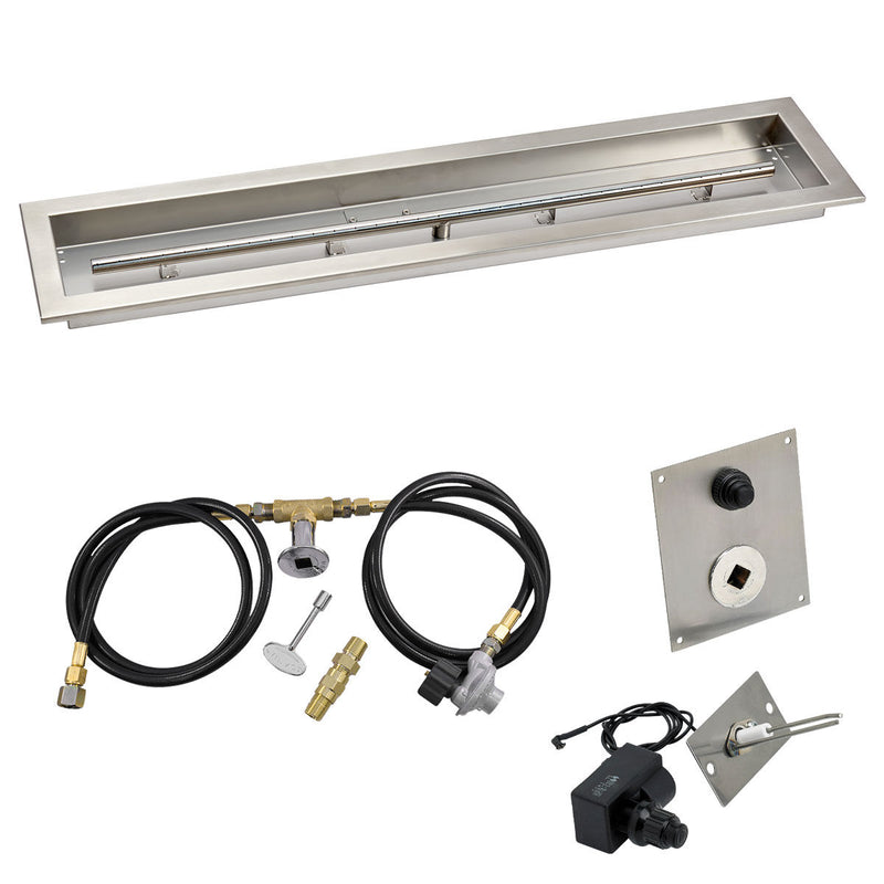 Load image into Gallery viewer, American Fire Products 36 x 6 inch linear stainless steel drop-in pan with spark ignition kit propane, built-in T-burner, gas hoses, regulator, chrome key valve, and air mixer for outdoor fire pits
