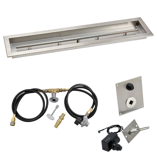 American Fire Products 36 x 6 inch linear stainless steel drop-in pan with spark ignition kit propane, built-in T-burner, gas hoses, regulator, chrome key valve, and air mixer for outdoor fire pits