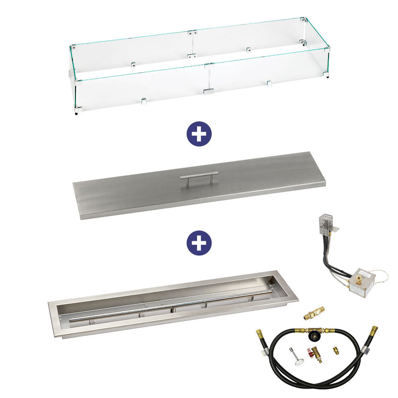 Load image into Gallery viewer, American Fire Products 36 inch by 6 inch stainless steel linear drop-in fire pit pan with AWEIS whole house propane ignition system bundle for outdoor fire features
