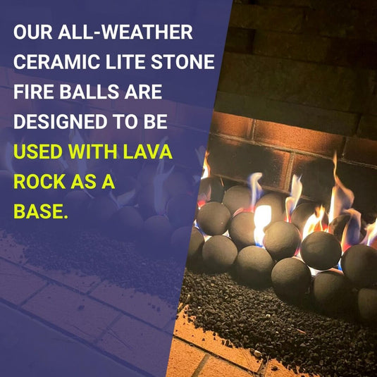 American Fire Products 4-inch ceramic fire balls showcasing features, benefits, and use cases for gas fire pits, fireplaces, and indoor or outdoor fire features with modern decorative design