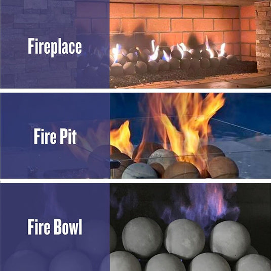 American Fire Products 4-inch ceramic fire balls showcasing features, benefits, and use cases for gas fire pits, fireplaces, and indoor or outdoor fire features with modern decorative design