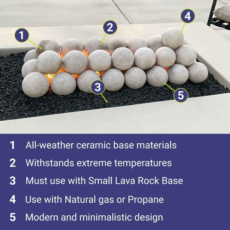 Load image into Gallery viewer, American Fire Products 4-inch ceramic fire balls showcasing features, benefits, and use cases for gas fire pits, fireplaces, and indoor or outdoor fire features with modern decorative design

