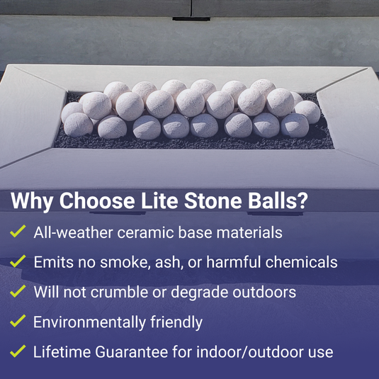 American Fire Products 4-inch ceramic fire balls showcasing features, benefits, and use cases for gas fire pits, fireplaces, and indoor or outdoor fire features with modern decorative design