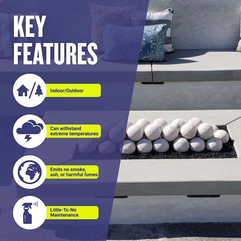 Load image into Gallery viewer, American Fire Products 4-inch ceramic fire balls showcasing features, benefits, and use cases for gas fire pits, fireplaces, and indoor or outdoor fire features with modern decorative design
