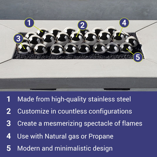 American Fire Products 4 inch Stainless Steel IronFire Balls highlighting high-quality stainless steel construction, customizable configurations, mesmerizing flame display, natural gas and propane compatibility, and modern minimalist design