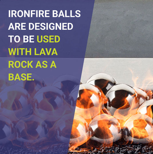 American Fire Products 4 inch Stainless Steel IronFire Balls installed with a lava rock base for proper fire pit setup and performance