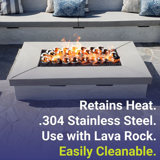American Fire Products 4 inch Stainless Steel IronFire Balls highlighting heat retention, 304 stainless steel construction, lava rock compatibility, and easy-to-clean design
