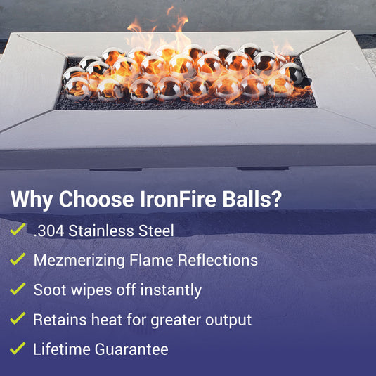American Fire Products 4 inch Stainless Steel IronFire Balls highlighting 304 stainless steel construction, mesmerizing flame reflections, easy soot cleaning, heat retention, and lifetime guarantee