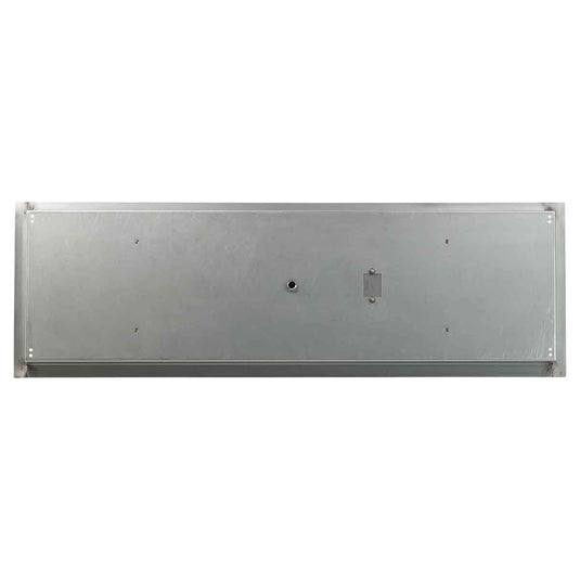 Bottom view of American Fire Products 48 inch by 14 inch stainless steel rectangular drop-in fire pit pan showing built-in 1/2 inch gas inlet
