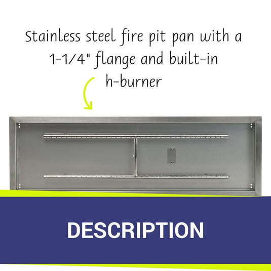 American Fire Products 48 inch by 14 inch stainless steel rectangular fire pit pan with a 1-1/4 inch flange and built-in H-burner