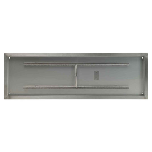 Top view of American Fire Products 48 inch by 14 inch stainless steel rectangular drop-in fire pit pan with built-in H-burner
