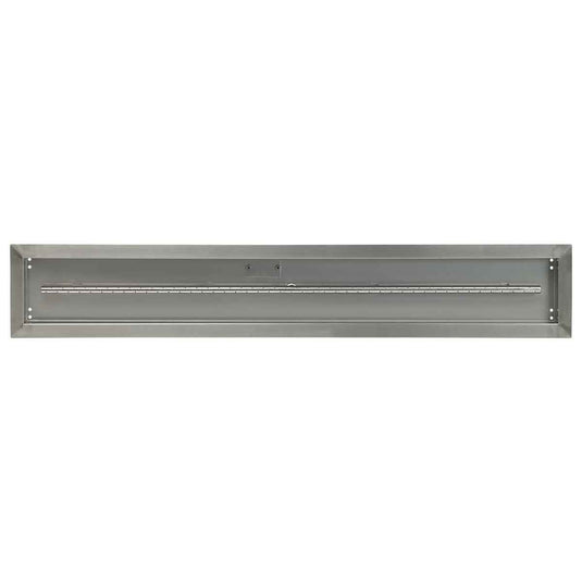 Top view of the American Fire Products 48 inch by 6 inch stainless steel linear drop-in fire pit pan with built-in T-burner