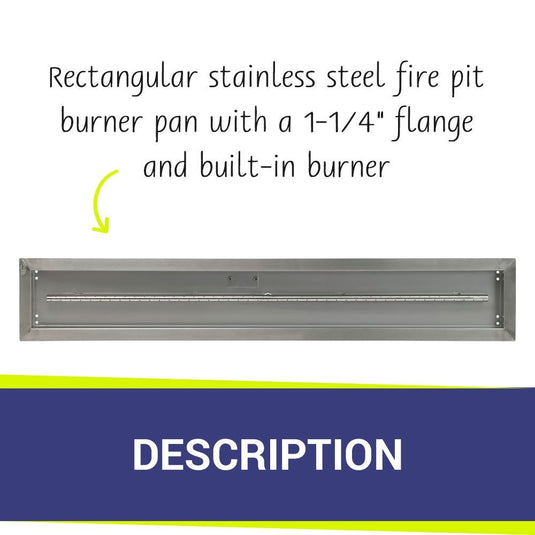 American Fire Products 48 inch by 6 inch rectangular stainless steel fire pit burner pan with a 1-1/4 inch flange and built-in T-burner