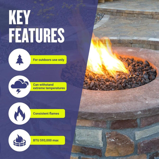 American Fire Products 48-inch Triple-Ring Stainless Steel Burner highlighting key features including outdoor use, extreme temperature resistance, consistent flames, and up to 593,000 BTU maximum heat output.