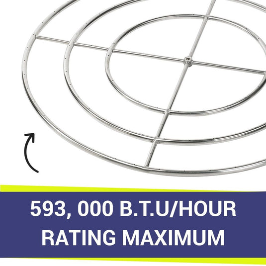 American Fire Products 48-inch Triple-Ring Stainless Steel Burner with up to 593,000 BTU/hour maximum heat output for powerful natural gas or propane outdoor fire pit performance
